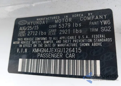 2016 Hyundai Genesis 3.8 z USA, uszkodzony, nr VIN KMHGN4JEXGU126415